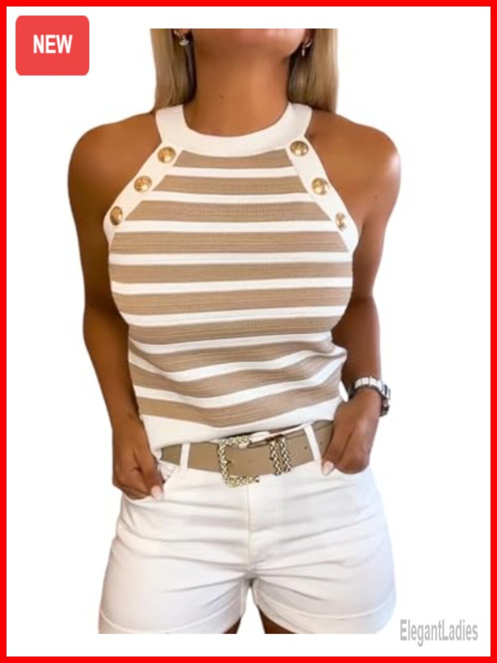 Knit Tank Top High Neck Halter Striped Slim Fit Women's Summer Top